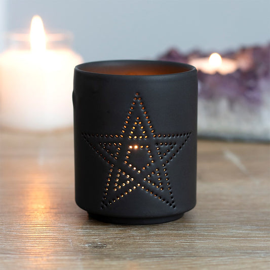 Black Ceramic Small Pentagram Cut Tealight Holder - GothandAlternative